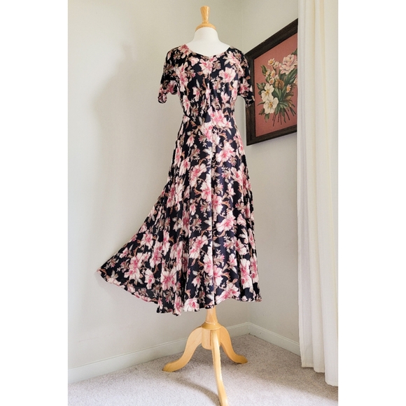 90s Black Floral Bias Cut 1990s Vintage Rayon Gauze V Neck Midi Dress - Picture 3 of 14